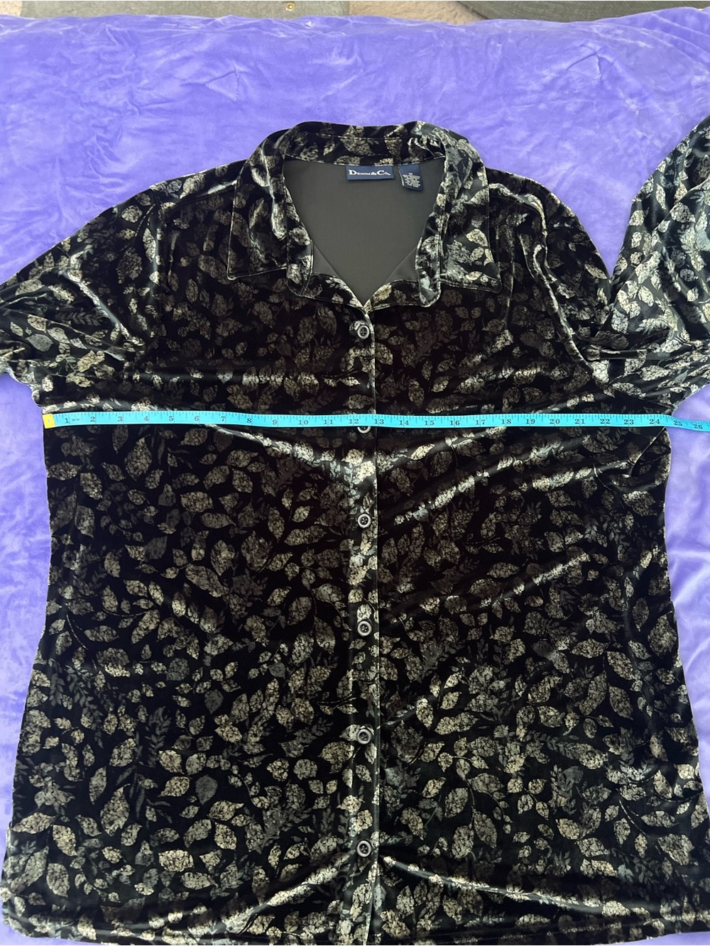 Denim & Co Velvet Leaf Print Button Down Blouse - Picture 8 of 9